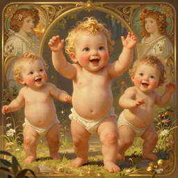 clear portrait of human babies, adorable appearance!!!, golden hour, happy apearance, cottagecore!!, background hyper detailed, character concept, full body, dynamic pose, intricate, elegant, highly detailed, digital painting, artstation, concept art, smooth, sharp focus, illustration, art by artgerm and greg rutkowski and alphonse mucha