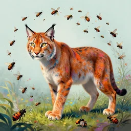 A psychedelic lynx creatlach swarm of insects, vibrant color scheme, highly detailed, in the style of romanticism, cinematic, artstation, Moebius, Greg rutkowski