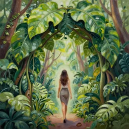 leaf arch, cloud forest, woman walking, intricate oil painting by greg rutkowski, trending on artstation