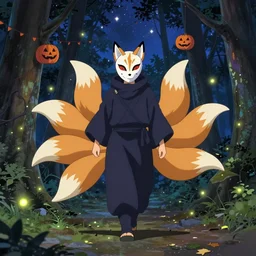 an anime about a ninja character with a fox plague doctor face mask, 9 massive fox tails trailing behind magical grim reaper robes, walking through calm forest under starry skies, halloween decorations, fireflies, wonder, anime, furry, peaceful, street view, vhs, art by yuji ikehata and hayou miyazaki, trending on art station
