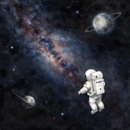 small astronaut lost in space, watercolor drawing, endless universe, dark, apocalypse