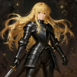 baroque oil painting japanese light novel cover illustration anime key visual full body action shot | young girl wearing black military crusader armour with long flowing blonde hair | perfect face fine detail | lotr gapmoe kuudere moody lighting bokeh stunning highlights sharp contrast | trending pixiv fanbox | by greg rutkowski makoto shinkai takashi takeuchi studio ghibli