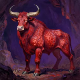 a shaded painted full body illustration of a male minotaur with glowing tribal skin markings in a dark cave environment with a bovine head, painterly, detailed, art - deco, red and purple palette : : 0. 3 by ralph mcquarrie, romain de tirtoff erte, alphonse mucha, brush strokes, rule of thirds, beautiful