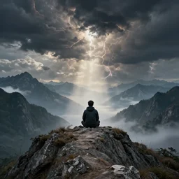 a man sitting on top of a beautiful mountain, fantasy landscape, stunning detail, ominous energy in front of him, back shot angle