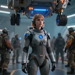 girl in the sci - fi suit, people crowd, spaceport, landing gear, gray colour 7 0 %, orange colour 1 0 %, blue lights and glow 2 0 %, avatar, cinematic keyframe. by fausto de martini, wadim kashin. ultra realistic, cinematic light, ue 5, featured on artstation, octane render, sharp focus, ray tracing, artstationhq, cgsociety, cinematic 8 k.