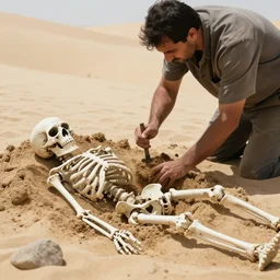 Photo of a man digging up a skeleton in the sand
