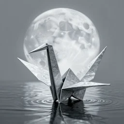 origami crane in a lake | silver moon background, concept art, trending on artstation, wlop, ross draws, digital painting, mixed media, intricate details, volumetric lighting