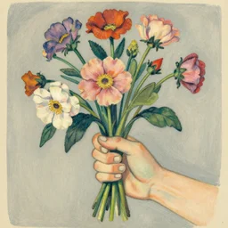 matchbox vintage illustration of a hand holding flowers, muted colors, egon schiele