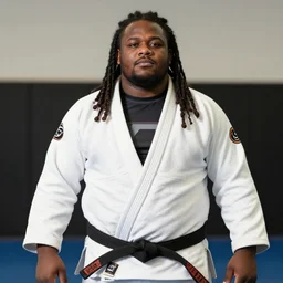 photo of chubby black bjj athlete with long dreads posing