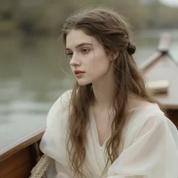 cinestill 5 0 d panorama of a dreamy beautiful woman on a boat by roversi like lady of shalott by waterhouse 3 5 mm lens, 8 k, elegant, highly detailed, pale tonal matt, soft blur, artstation, sharp focus, head in focus