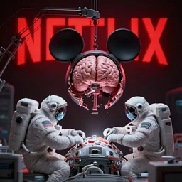 graphic art of dystopian futuristic mechanic surgeons astronauts, operate on a broken open mickeymouse!!!!!!!!!!!!!!!!!!!!! head!! float brain!!! exposed, held by a crane. ominous glowing red netflix!!! logo in the background, trending on art station, beeple!!!!, clean concept art, smooth, octane render, minimal