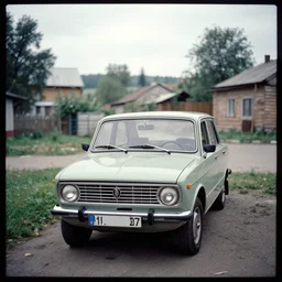 a lomographic photo of old lada 2 1 0 7 standing in typical soviet yard in small town, hrushevka on background, cinestill, bokeh