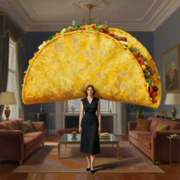 huge taco as head, woman standing in a luxury apartment, surreal photography, dramatic light, impressionist painting, digital painting, artstation, georgia o'keeffe