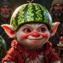 hyper realistic photography portrait of smiling gremlin with a watermelon helmet cinematic, greg rutkowski, brom, james gurney, mignola, craig mullins, artstation, cgsociety