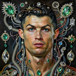 renaissance oil painting, Cristiano Ronaldo integrating with technology, full face, frontal center, portrait, gaudy, detailed intricate ornate cables connected to the head, large open electric eyes, luxurious detailed abundant wiring and implants, diamonds, science fiction, neon, emeralds, detailed technology, full background, very detailed, artstation, Rene Lalique, Eddie Mendoza and Gil Elvgren