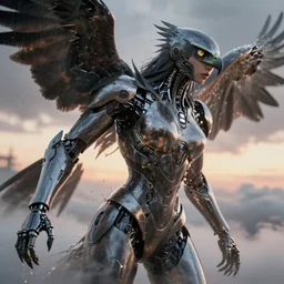 a biblical diabolical beautiful female android, hawk, shiny hi - tech armor, dynamic pose, splashing, heavy eyes to the side, closeup, bright glowing veins, in clouds, rain, sunset, portrait, by gerald brom, by mikhail vrubel, by peter elson, muted colors, extreme detail, reflections, trending on artstation, 8 k