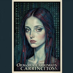 surrealist poster representing ia art and binary code in the style of leonora carrington