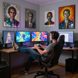 a man reclines in a gaming computer chair with headphones on a controller inhand in a domestic interior filled with screens by james jean and luc tuymans and beeple and hernan bas and pat steir and hilma af klint, psychological, 3 d, dripping paint, high quality render, masterpiece