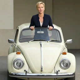 charlize theron holds over its head on its two hands volkswagen beatle