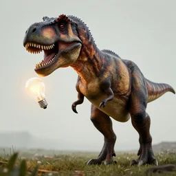 a t - rex holding a light bulb in his claws