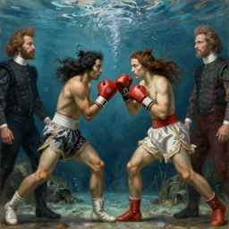 epic beautifull renaissance portrait of a 2 boxers fighting underwater, art by * christy lee rogers * ( with help of mario testino and peter lindbergh, marta syrko and neil leifer )