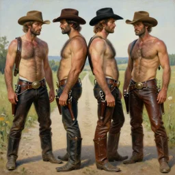 a homoerotic symmetrical painting by tom of finland, clyde aspevig, greg rutkowski, gaston bussiere, j. c. leyendecker, claude monet of attractive hairy gunslinger and handsome cowboy, they are in love standing back to back | bandoliers, shirtless, leather pants | natural lighting, path traced, highly detailed, high quality, trending on artstation