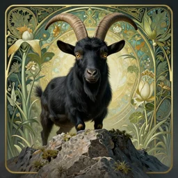 black billy goat in the peak of a granite mountain in avila, volumetric lights, plant theme, art nouveau botanicals, intricate, highly detailed, digital painting, artstation, concept art, smooth, sharp focus, cinematic, illustration, beautiful face, art by h. r. giger and greg rutkowski and alphonse mucha, kentaro miura