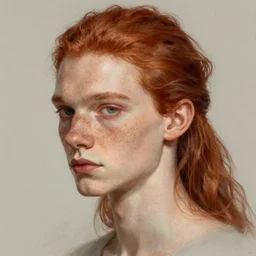 portrait of a thin young man with long red hair in a ponytail, a lot of freckles on his face, intricate, elegant, highly detailed, digital painting, artstation, concept art, sharp focus, illustration, art by aleksi briclot, rutkowski