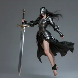 full - body portrait, female vampire knight holding a large greatsword, lean and muscular, flying, barefoot, kickboxing foot wraps, exposed toes, black heavy armor, historical armor, metal mask, enchanting, elegant, smiling, ghostblade, wlop, modern fantasy, realistic proportions.