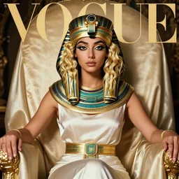 bust portrait of girl sitting in silks on the throne, egiptian goddes costume, blonde, curly hair, clean face, provocative make up, symmetrical face, looking straight, smooth skin, jewelry, ecstasy, cute, fashion editorial photography, from vogue magazine, ultra realistic, reflections, from eyes wide shut movie