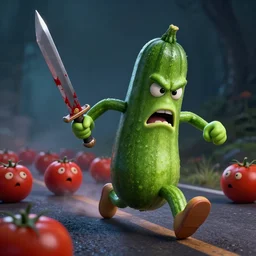 detailed 3 d render of an angry furious zucchini with a bloody sword in his hand, running down the road chasing after a group of scared tomatoes, hyper realistic octane render, dramatic lighting, dark mood, nightmare, surrealism, pixar, disney, cartoon