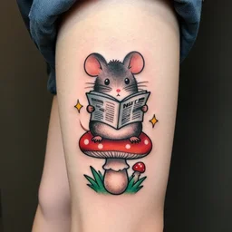 tatoo skatch on girl's leg with cute rat reading newspapper sitting on mushroom