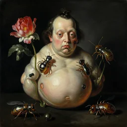 refined gorgeous blended oil painting with black background by christian rex van minnen rachel ruysch dali todd schorr of a chiaroscuro portrait of an extremely bizarre disturbing bulbous mutated man made of still life flowers and rubber insects with shiny skin shiny chrome reflections transparent acne dutch golden age vanitas intense chiaroscuro cast shadows obscuring features dramatic lighting perfect symmetry perfect composition masterpiece