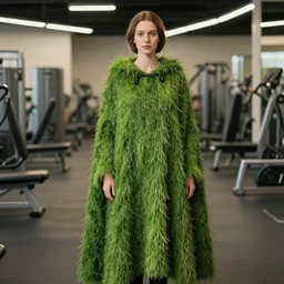 a woman wearing a cloak made of grass, in a planet fitness, color photograph, by jan van eyck, canon eos c 3 0 0, ƒ 1. 8, 3 5 mm, 8 k, medium - format print