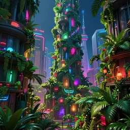 downtown, vibrant lush neon lighting, beautiful volumetric-lighting-style atmosphere, futuristic atmosphere, intricate, detailed, photorealistic imagery, artstation