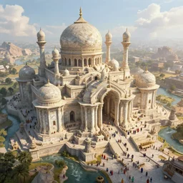 drone view of the lost city of kadath, with its many domes and marble columns, with rivers running and streets filled with people in colorful robes, hyper detailed, incredible architecture, morning light, sunny, white clouds, artstation, concept art