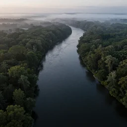 high altitude aerial view of a long sinusoidal dark river through a wet skin forest at early morning, foggy, 3 d photorealistic octane render, 8 k, sharp focus, dramatic lighting, night lighting, renaissance painting, by artgerm and tim burton