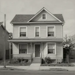 in american cities, in modern times, there is a strange rental house. the color of the picture is gray, and the painting style is retro