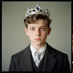 kodak portra 4 0 0, 8 k, highly detailed, britt marling style 3 / 4 photographic close, medium format, press award winning colour portrait of a handsome boy with a silver crown, up face with 1 9 2 0 s hairstyle, 1 9 2 0 s clothing style, asymmetrical, hasselblad x 1 d - 5 0 c, 1 0 0 mm f 1. 8, soft light