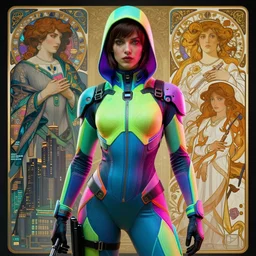 a highly detailed portrait of a futuristic female assassin, neon colored suit, bladerunner city, beautiful detail and color, art by john collier and albert aublet and krenz cushart and artem demura and alphonse mucha, volumetric lighting, octane render, 4 k resolution, matte, sharp focus, illustration, art by jacque - louis david, baroque style
