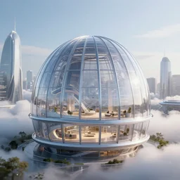 a futuristic glass dome house designed by zaha hadid, futuristic city background, clouds, octane render, ray tracing
