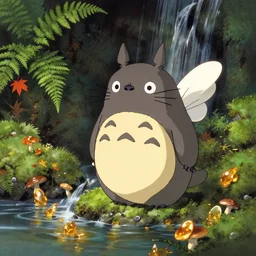 japanese animation art, cat with fairy wings, cute kitten, moss, Maple leaf Ferns, mushrooms, amber-like crystal clear water, waterfalls, Dramatic lighting, miyazaki, nausicaa, ghibli, wild style, studio ghibli, my neighbor totoro