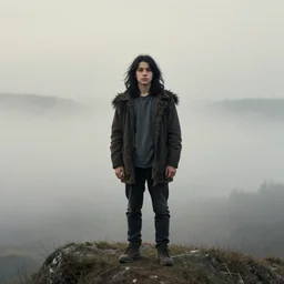 wanderer above the sea of fog by caspar david friedrich, shaggy shoulders long black hair, teenager, highly detailed, one full body single portrait
