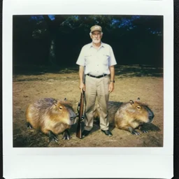 old polaroid photo of an old man holding a rifle and standing proudly next to a giant capybara sleeping
