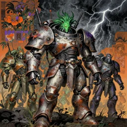 composition of gothic and futuristic, warhammer, cyber japan armor, many scars, many mechflowers, thunderstorm, green head, some orange and purple, the middle ages, highly detailed, artstation, in the style of moebius, jugendstil and classic japanese print, psychedelic, art by jean delville and dragan bibin