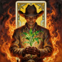 a beautiful dramatic epic ethereal symmetrical painting of a cowboy holding a green plant in his hands | he is dark skinned and wearing a cowboy hat | background is an epic flames fire conflagration | tarot card, art deco, art nouveau | by Mark Maggiori | trending on artstation