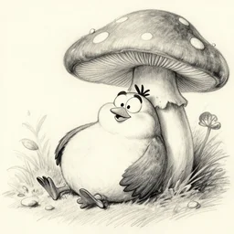 funny fat bird resting under mushroom by milt kahl, cartoon pencil sketch