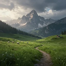 beautiful render of a landscape, unreal engine, first light, majestic mountains, sheep pasture, lush grass, dramatic clouds, wandering pathway, soft light, by greg rutkowski, cgsociety