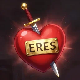 a red heart with a sword bursting through it and the word ERES written on a gold plate on the heart, cinematic lighting, art station, establishing shot