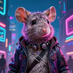 beautiful furry art portrait digital art, vibrant neon commission of a furry anthro rat fursona wearing punk clothes in a cyberpunk city.